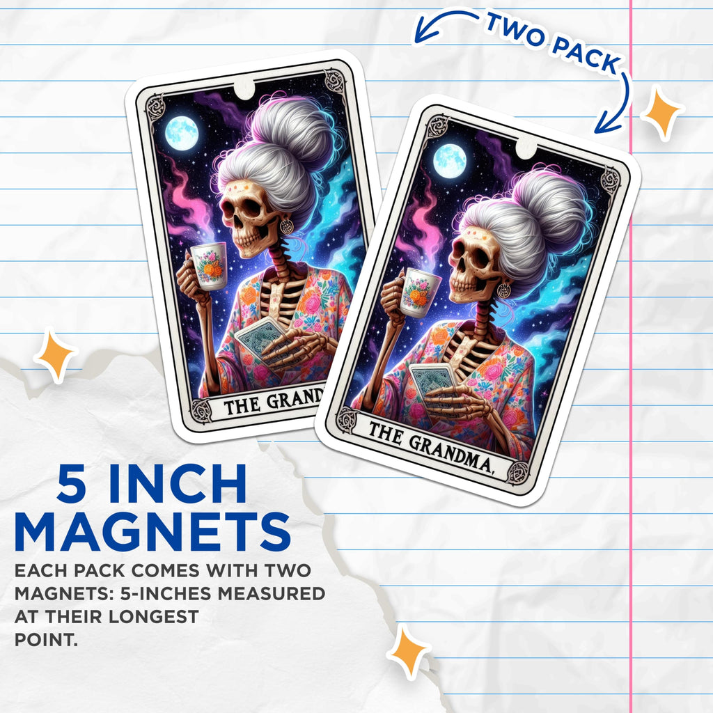 (2 Pack) Skeleton Grandma Magnets - Cosmic Tarot Card Art - Whimsical Tea Time Skull Decor - Mystical Elder Home Accent - 5 Inches On Longest Side - Thick Durable Magnet - Made in USA - MAG21740