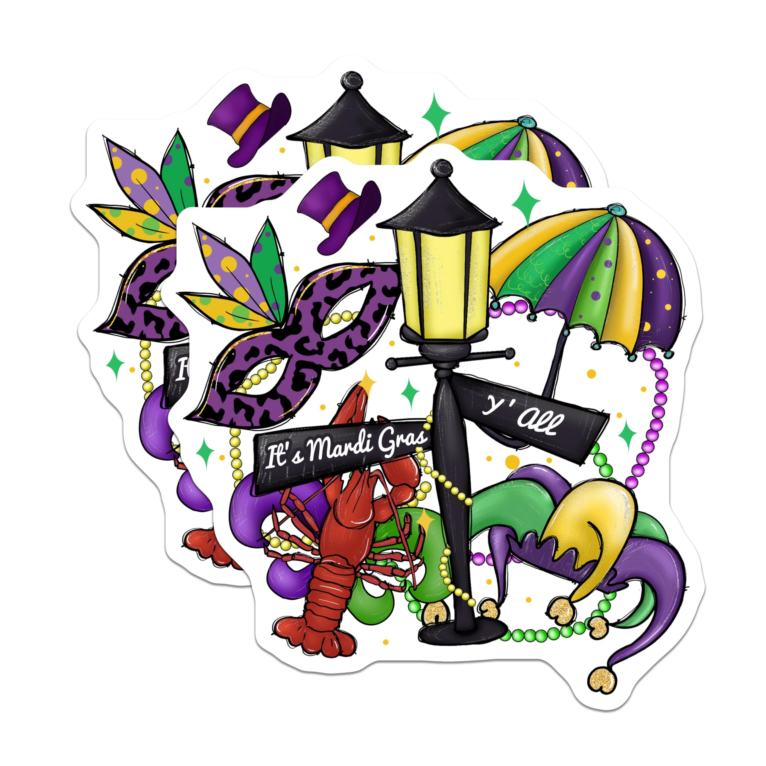 (2 Pack) Mardi Gras Stickers - Carnival Parade Stickers - New Orleans Party Decorations - 5" On Longest Side - Sticks to Smooth Flat Surfaces - Made in USA - BMCS4398