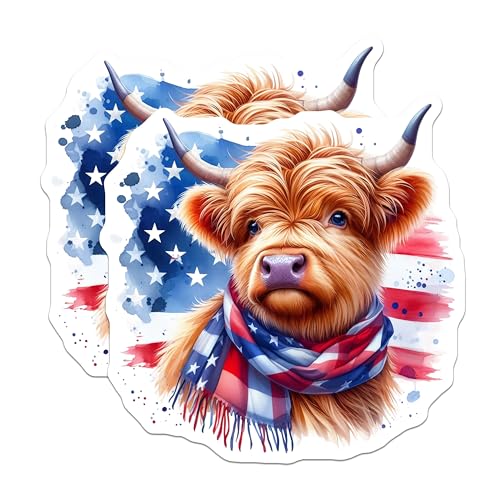 (2 Pack) Highland Cow Stickers - Patriotic Animal Sticker - American Flag Highland Cow Decal - 5" On Longest Side - Sticks to Smooth Flat Surfaces - Made in USA - BMCS6341