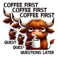 (3 Pack) Coffee First Decals - Highland Cow Decor - Laptop Decal - 3 Inches On Longest Side - Easy Peel & Apply - Made in USA - 3MCS1591