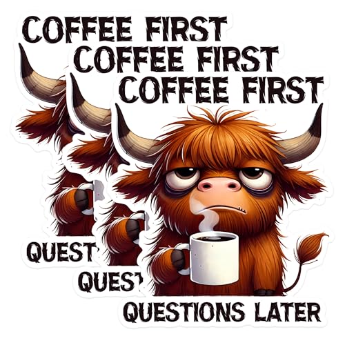 (3 Pack) Coffee First Decals - Highland Cow Decor - Laptop Decal - 3 Inches On Longest Side - Easy Peel & Apply - Made in USA - 3MCS1591