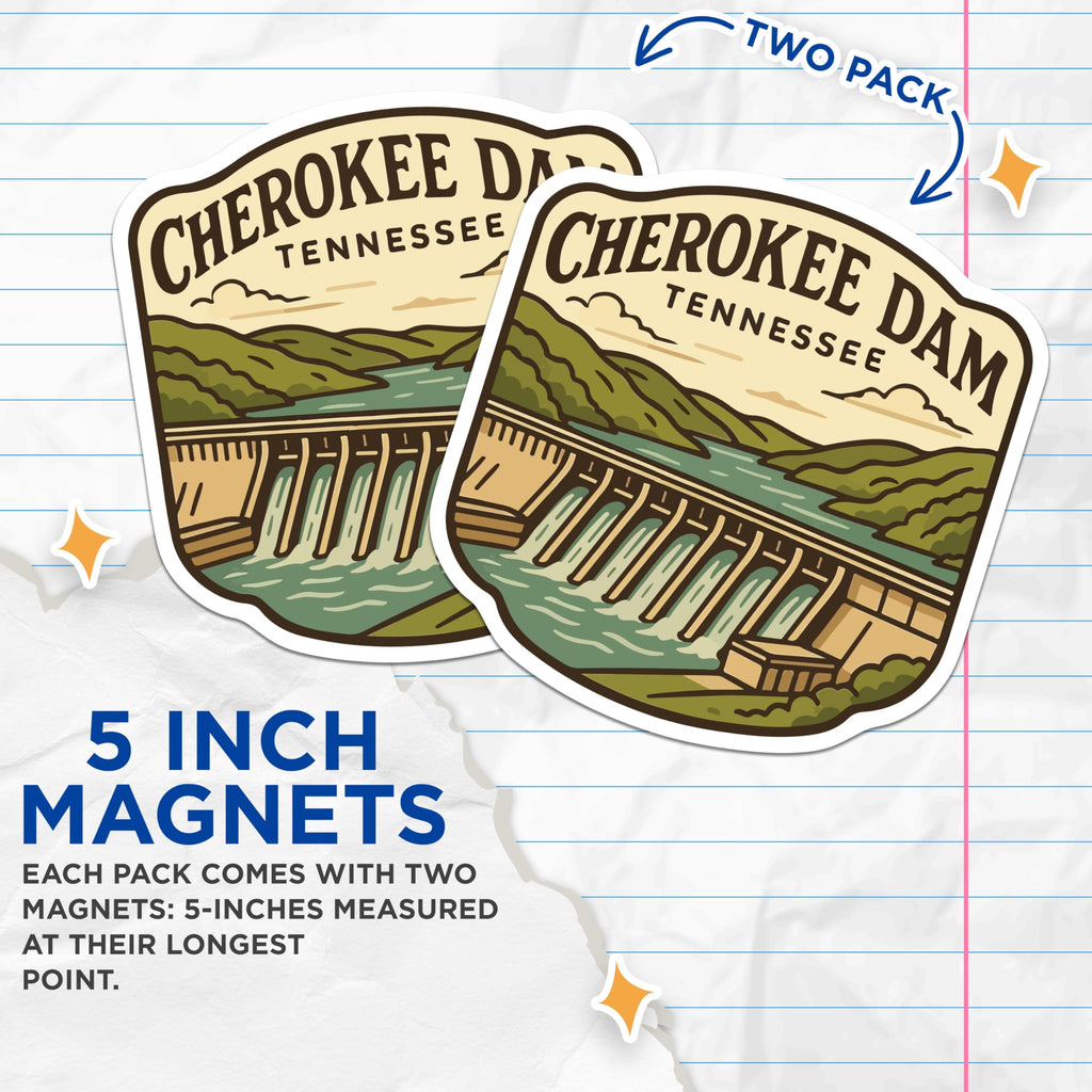 (2 Pack) Cherokee Dam Magnets - Tennessee River Landmark - Scenic Travel Souvenir - 5 Inches On Longest Side - Thick Durable Magnet - Made in USA - MAG20083