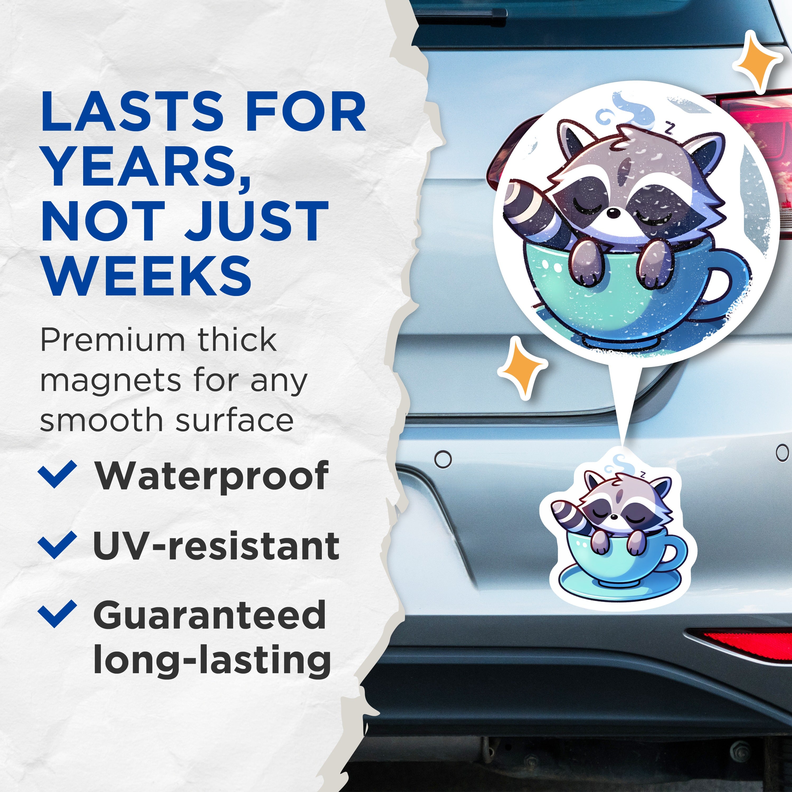 (2 Pack) Cozy Raccoon Magnets - Sleeping Animal Tea Cup Decor - Kawaii Fridge Locker Refrigerator - 5 Inches On Longest Side - Thick Durable Magnet - Made in USA - MAG37407