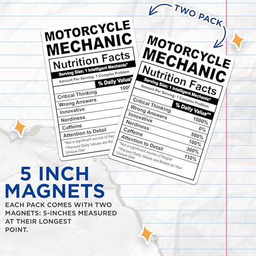 (2 Pack) Motorcycle Mechanic Magnets - Nutrition Facts Design - Funny Gift for Mechanics - Garage - Mechanic Humor - 5" On Longest Side - for Cars, Fridges, Toolboxes - Made in USA - MAG4141