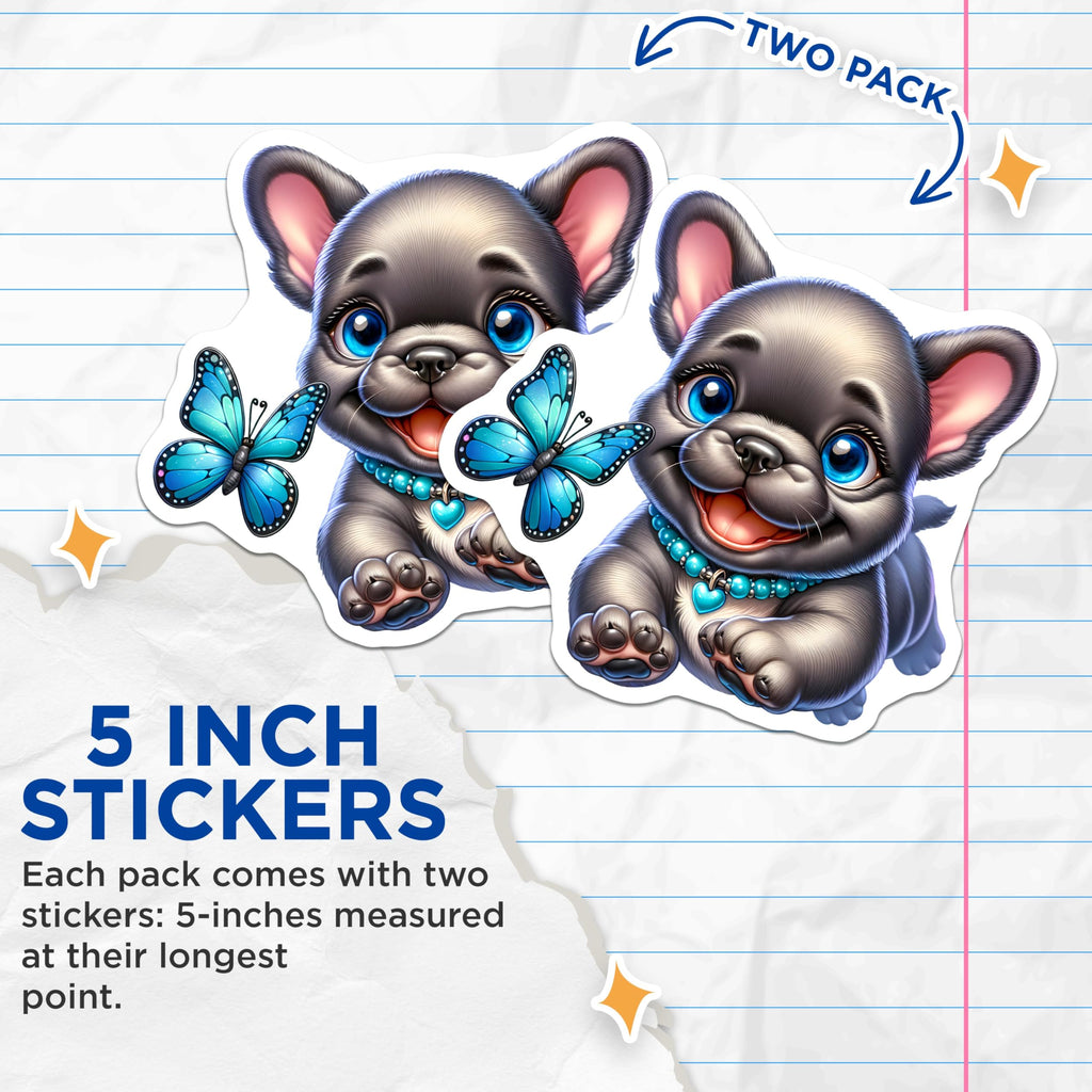 (2 Pack) Cute Puppy Stickers - Dog Lover Decal - French Bulldog with Butterfly - 5" On Longest Side - Sticks to Smooth Flat Surfaces - Made in USA - BMCS9604