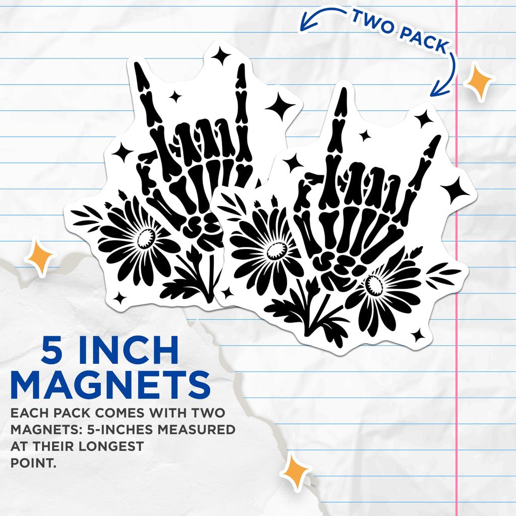 (2 Pack) Skeleton Hand Magnets - Rock On Flowers - Skull Fridge Magnets - 5" On Longest Side - Premium Magnet - for Cars, Refrigerators, Toolboxes, Lockers - Made in USA - MAG16912