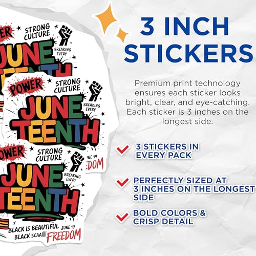 (3 Pack) Juneteenth Decals - Freedom Day Decorations - Black History Celebration - 3 Inches On Longest Side - Easy Peel & Apply - Made in USA - 3MCS2665
