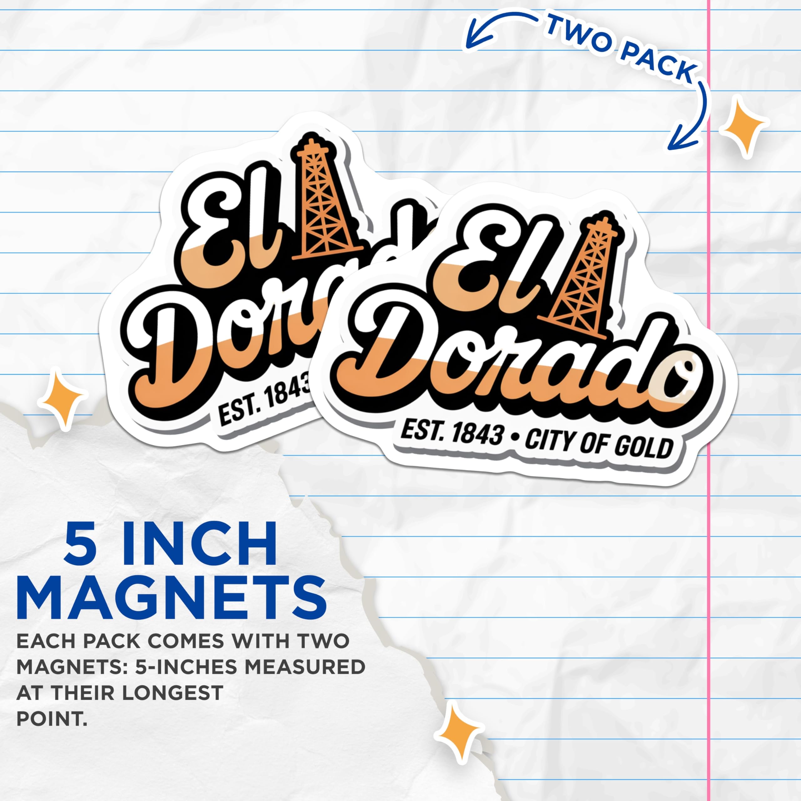 (2 Pack) El Dorado City of Gold Magnets - Oil Derrick - Established 1843 Decor - 5" On Longest Side - Premium Magnet - for Cars, Refrigerators, Toolboxes, Lockers - Made in USA - MAG17672