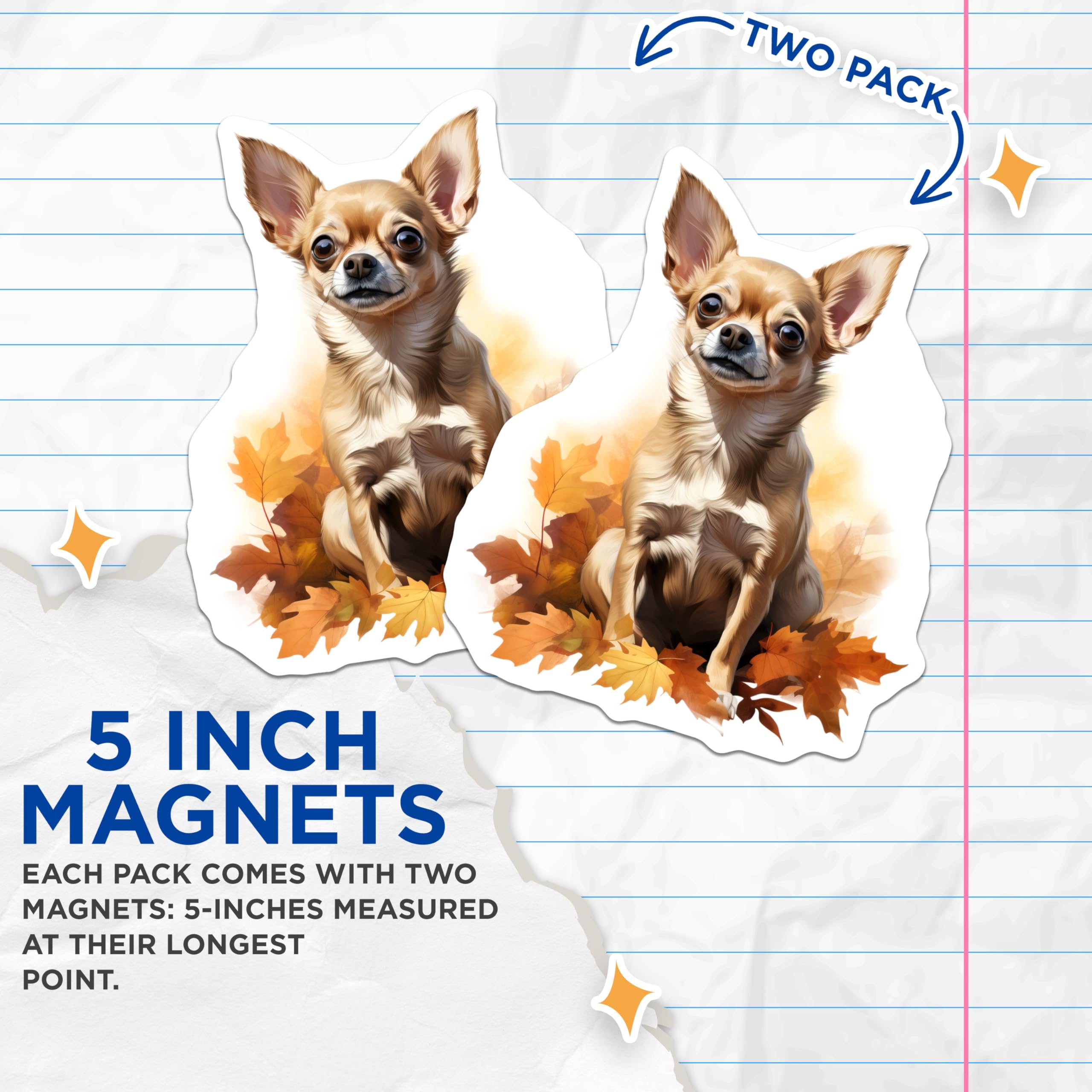 (2 Pack) Adorable Chihuahua Magnets - Fall Dog Art - Autumn Pet Lover Refrigerator Decor - 5 Inches On Longest Side - Thick Durable Magnet - Made in USA - MAG28972