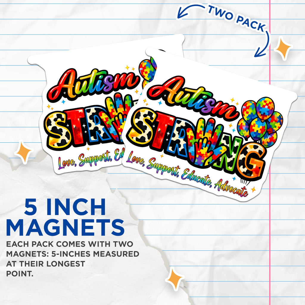 (2 Pack) Autism Strong Magnets - Rainbow Puzzle Piece Awareness - Special Needs Support Decor - 5 Inches On Longest Side - Thick Durable Magnet - Made in USA - MAG30466