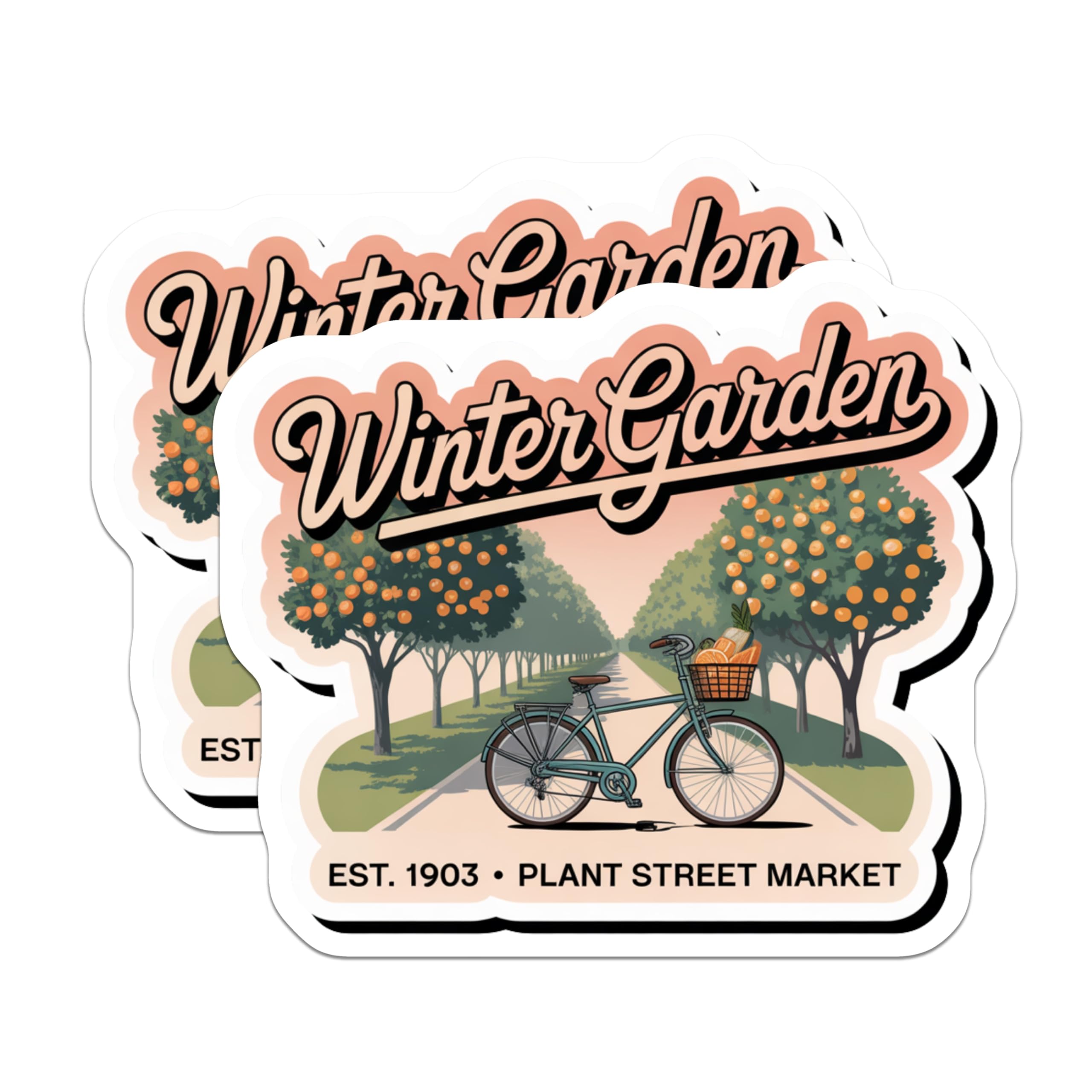 (2 Pack) Winter Garden Magnets - Plant Street Market - Retro Bike Orange Trees Decor - 5" On Longest Side - Premium Magnet - for Cars, Refrigerators, Toolboxes, Lockers - Made in USA - MAG18026