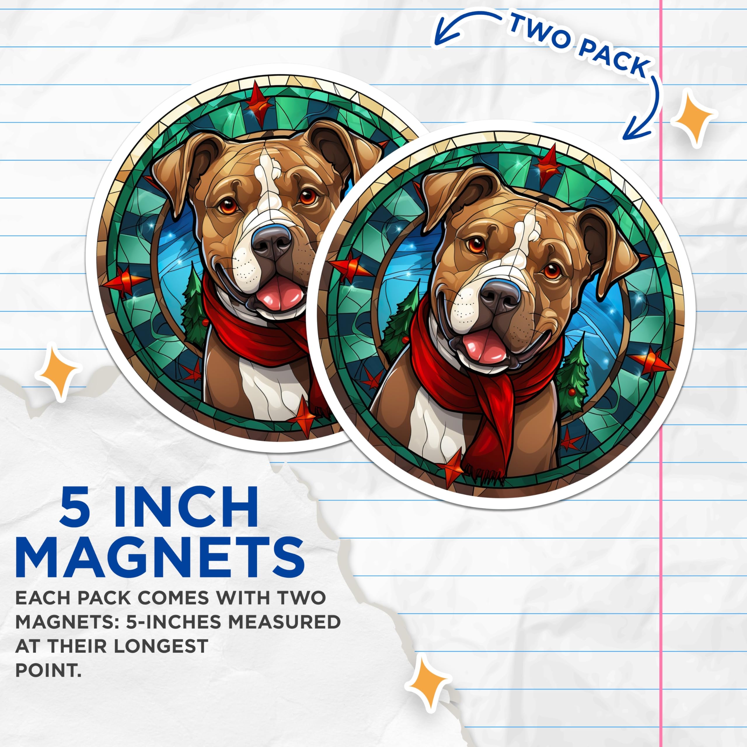 (2 Pack) Christmas Pitbull Magnets - Stained Glass Dog Art - Holiday Pet Lover Decor - 5 Inches On Longest Side - Thick Durable Magnet - Made in USA - MAG25745