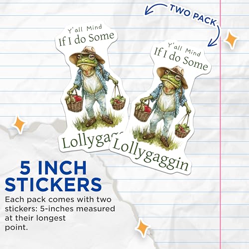 (2 Pack) Frog Lollygagging Stickers - Funny Animal Stickers - Cute Frog Art Decals - 5" On Longest Side - Sticks to Any Smooth Flat Surface - Made in USA - BMCS3467