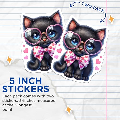 (2 Pack) Cute Cat Stickers - Heart Glasses Cat - Adorable Kitten with Bow Tie - 5" On Longest Side - Sticks to Smooth Flat Surfaces - Made in USA - BMCS9430