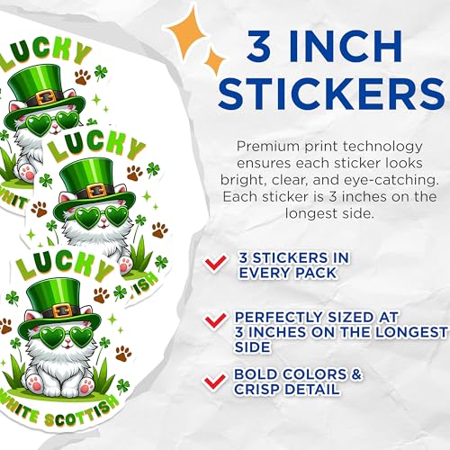 (3 Pack) St Patricks Day Decals - Lucky Cat - Scottish White Cat - 3 Inches On Longest Side - Easy Peel & Apply - Made in USA - 3MCS6866