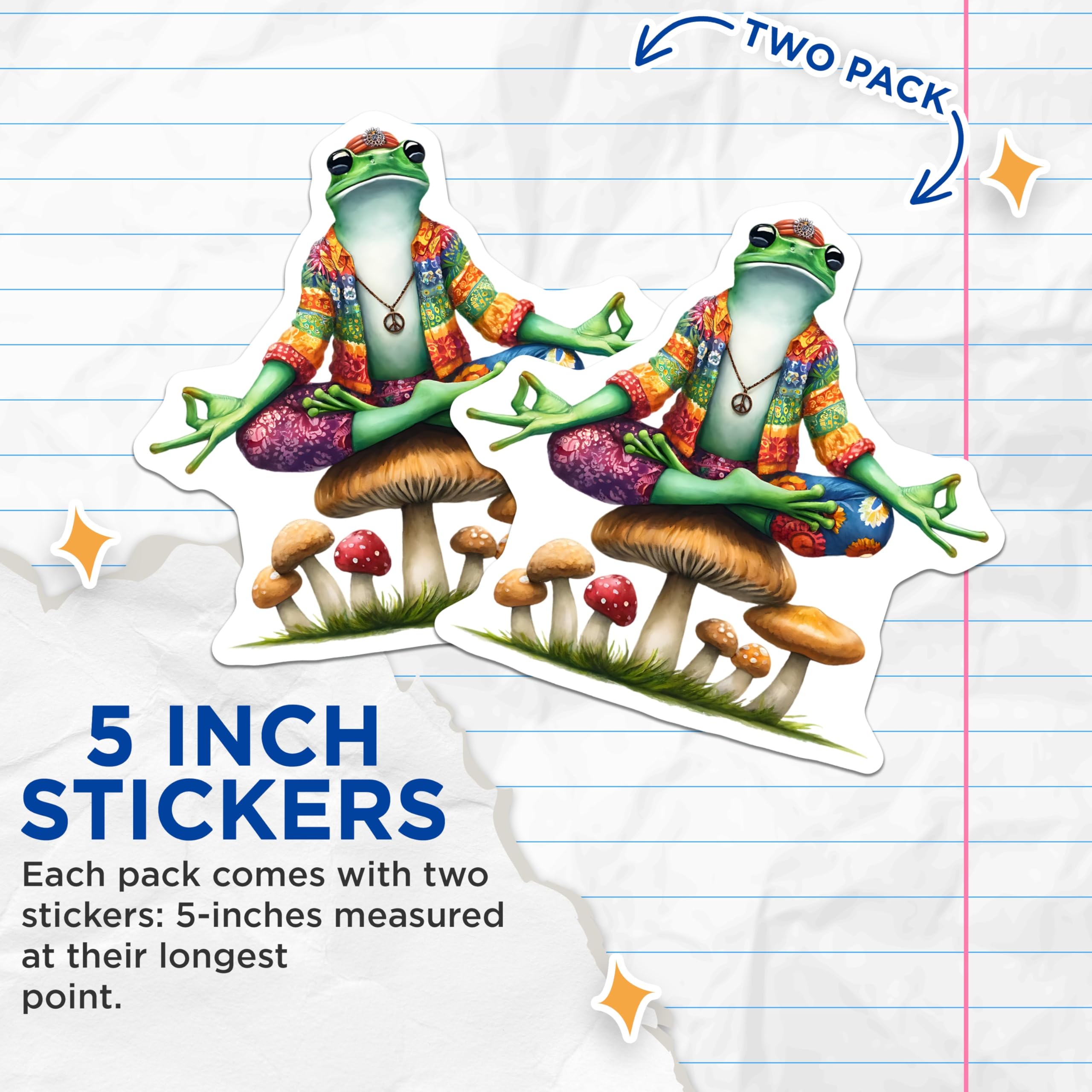 (2 Pack) Yoga Frog Stickers - Zen Toad - Mushroom Meditation- 5" On Longest Side - Sticks to Smooth Flat Surfaces - Made in USA - BMCS16509