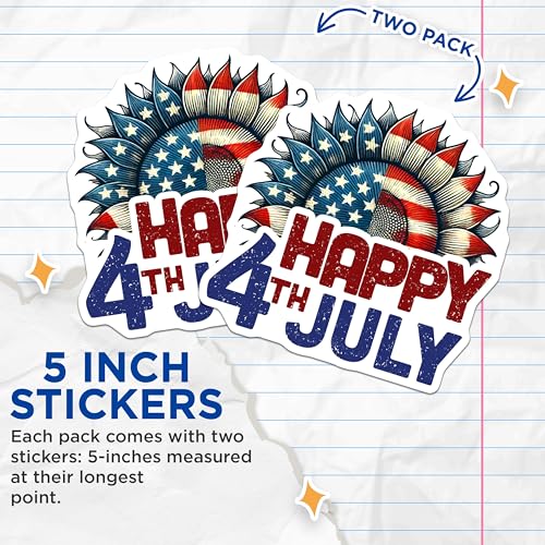(2 Pack) 4th of July Stickers - Patriotic Sunflower Decal - Independence Day Celebration - USA Flag - 5" On Longest Side - Sticks to Smooth Flat Surfaces - Made in USA - BMCS7873