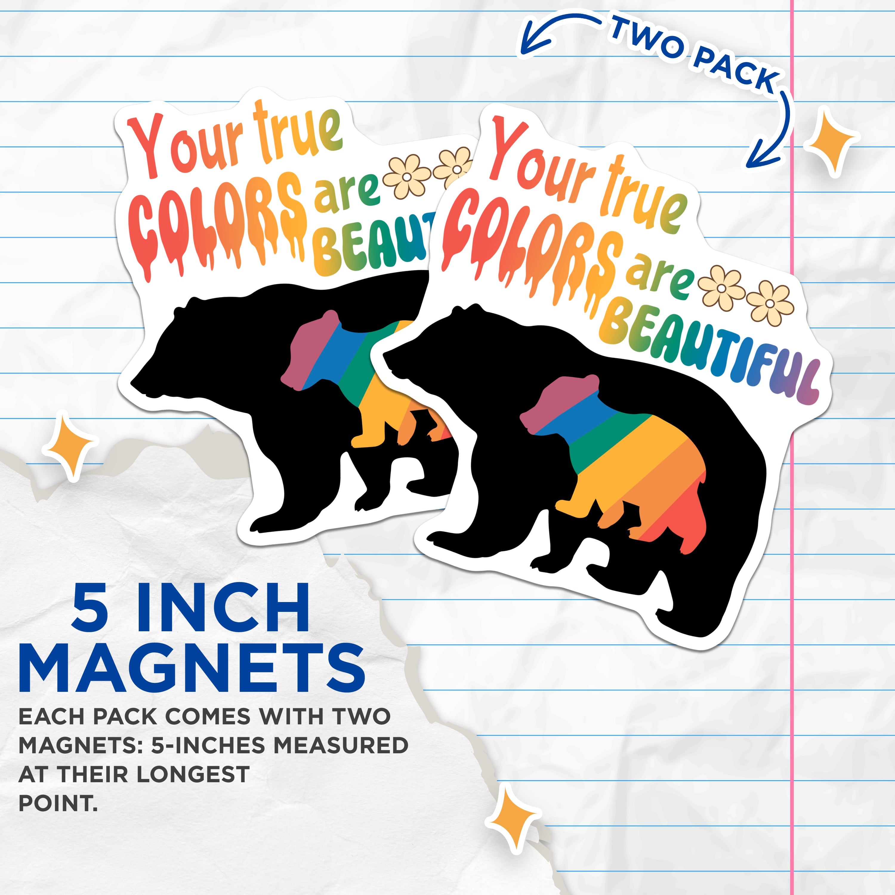(2 Pack) Rainbow Bear Magnets - True Colors LGBTQ+ Pride - Mama Bear Cub Fridge Decor - 5 Inches On Longest Side - Thick Durable Magnet - Made in USA - MAG37456