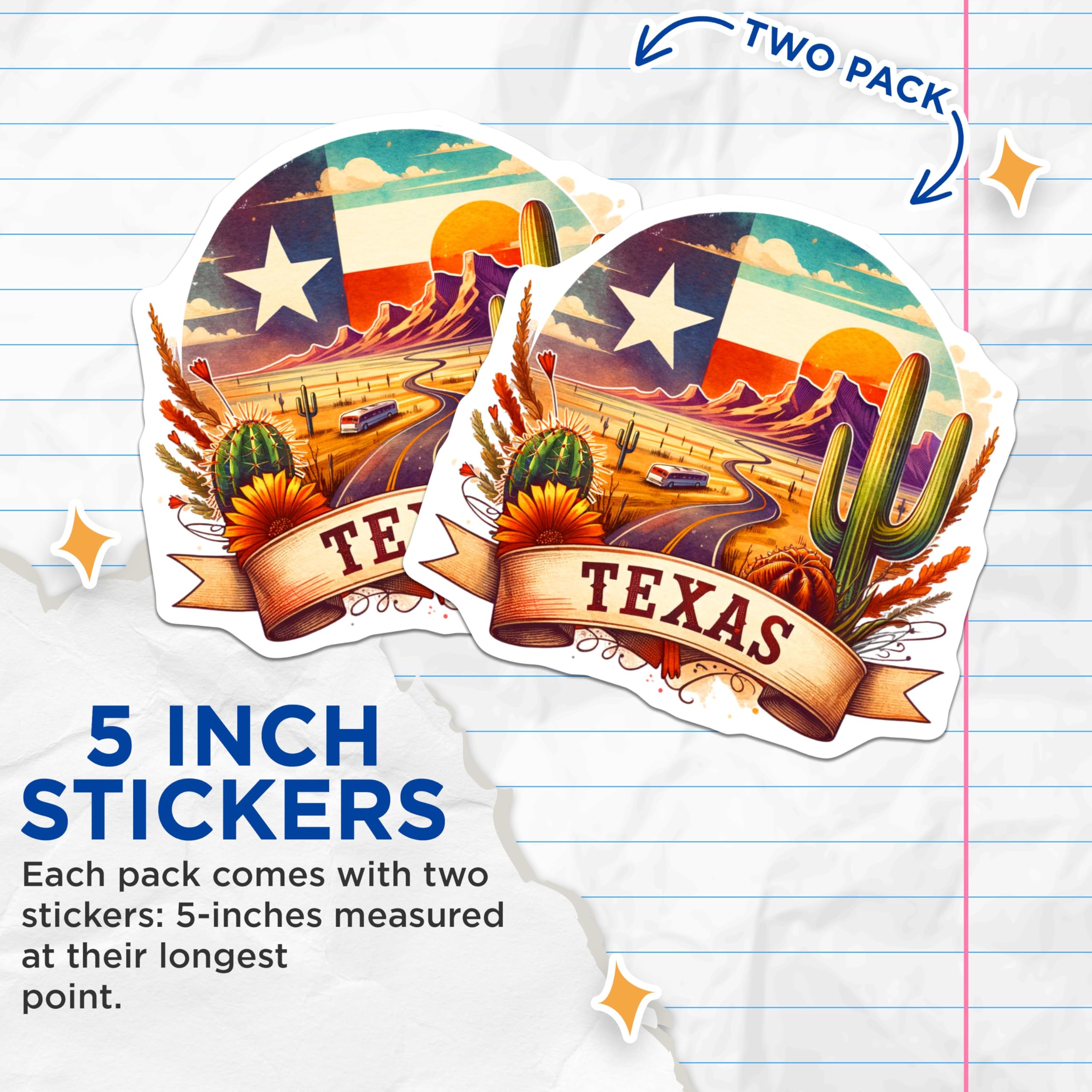 (2 Pack) Texas Pride Stickers - Southwestern Scenic Graphics - Cactus and Desert Landscape Decals - 5" On Longest Side - Sticks to Smooth Flat Surfaces - Made in USA - BMCS7121