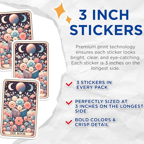 (3 Pack) Tarot Card Decals - Floral Book - Mystical Moon Stars - 3 Inches On Longest Side - Easy Peel & Apply - Made in USA - 3MCS4124