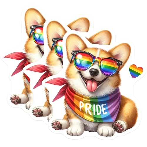 (3 Pack) Pride Corgi Decals - Rainbow Dog Stickers - Laptop Car Decals- 3 Inches On Longest Side - Easy Peel & Apply - Made in USA - 3MCS5973