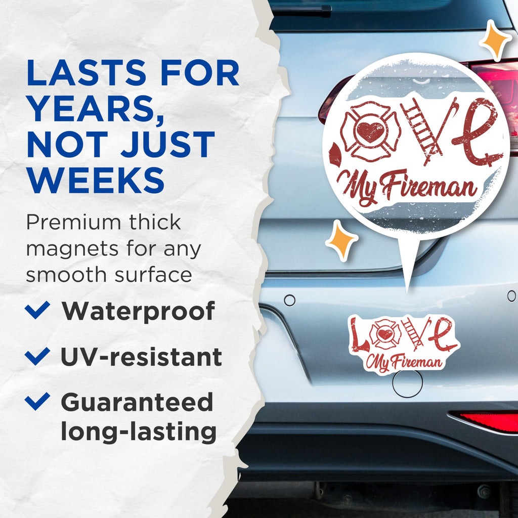 (2 Pack) Fireman Magnets - Love My Fireman - Firefighter Husband Decor - 5" On Longest Side - Premium Magnet - for Cars, Refrigerators, Toolboxes, Lockers - Made in USA - MAG17374