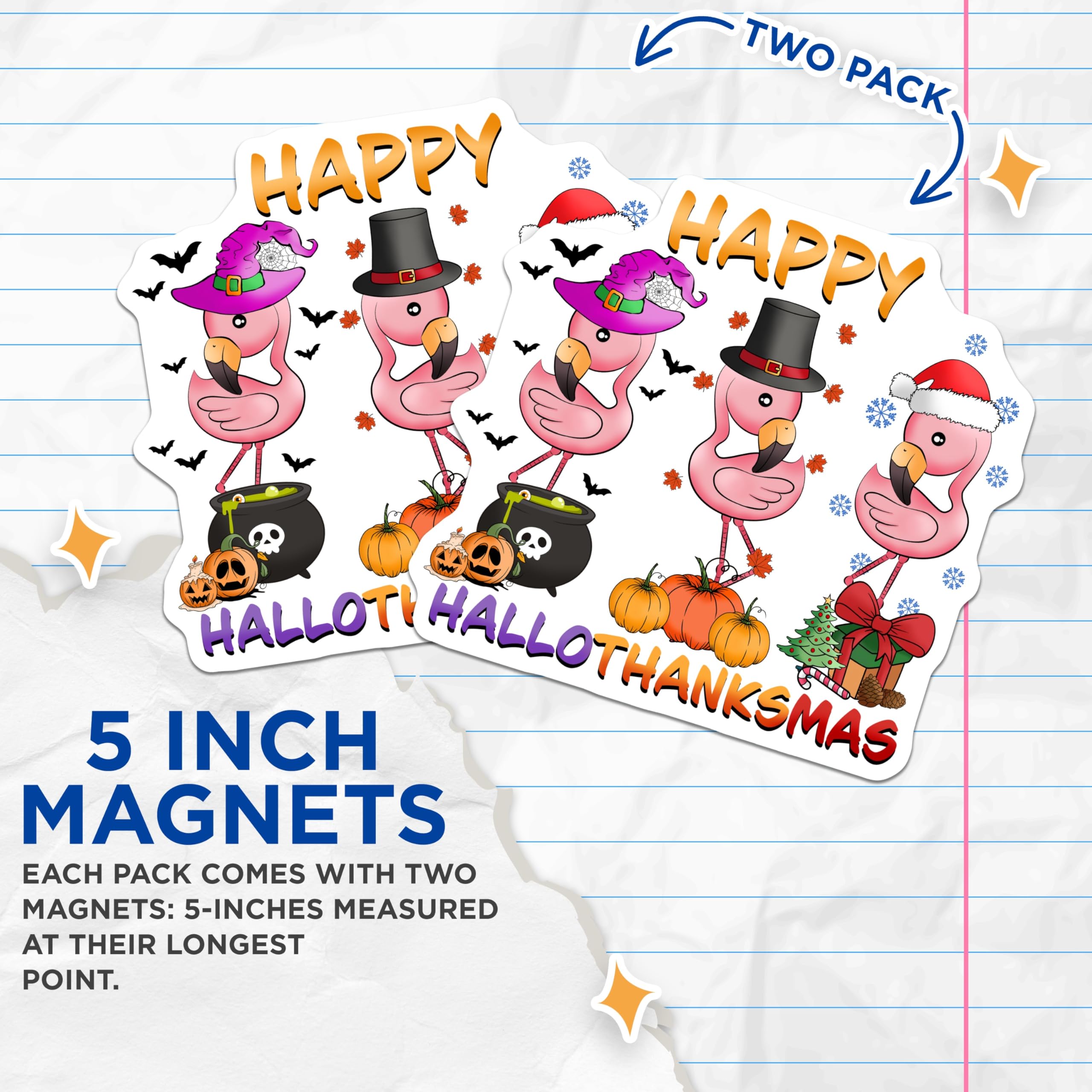 (2 Pack) Holiday Flamingo Magnets - Halloween Thanksgiving Christmas Decor - Funny Hallothanksmas - 5" On Longest Side - Sticks to Smooth Flat Surfaces - Made in USA - MAG11109