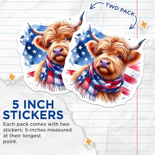 (2 Pack) Highland Cow Stickers - Patriotic Animal Sticker - American Flag Highland Cow Decal - 5" On Longest Side - Sticks to Smooth Flat Surfaces - Made in USA - BMCS6341