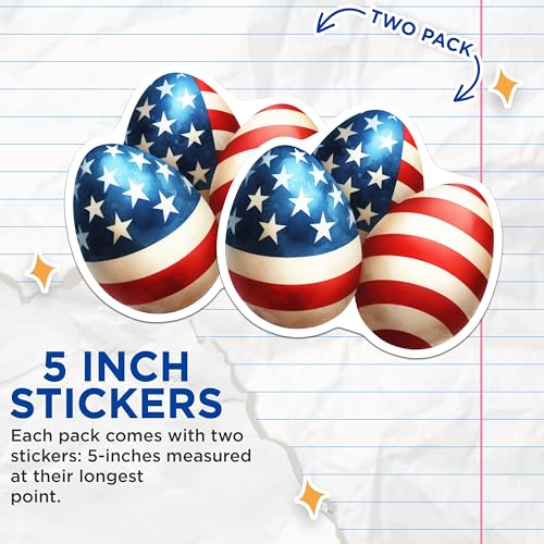 (2 Pack) Patriotic Flag Egg Stickers - Stars and Stripes Stickers - American Flag Decals - 5" On Longest Side - Sticks to Smooth Flat Surfaces - Made in USA - BMCS6527