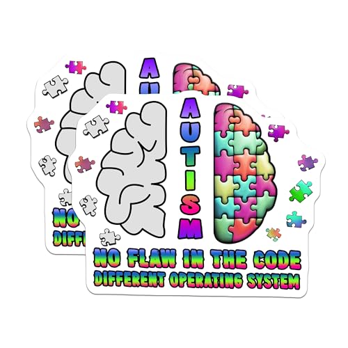 (2 Pack) Autism Awareness Stickers - No Flaw in The Code - Different Operating System - 5" On Longest Side - Sticks to Smooth Flat Surfaces - Made in USA - BMCS6404