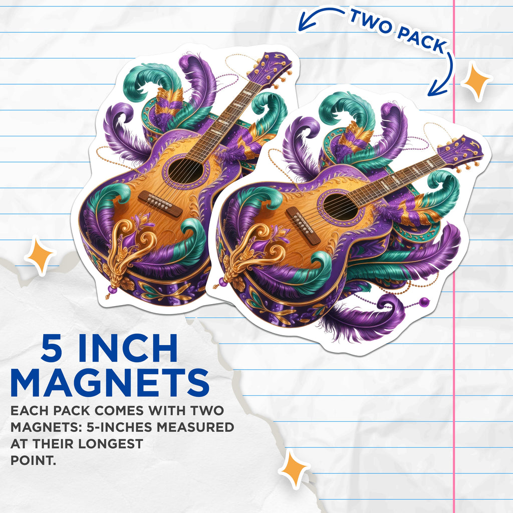 (2 Pack) Mardi Gras Guitar Magnets - New Orleans Music Decor - Festive Carnival Art - 5 Inches On Longest Side - Thick Durable Magnet - Made in USA - MAG39617