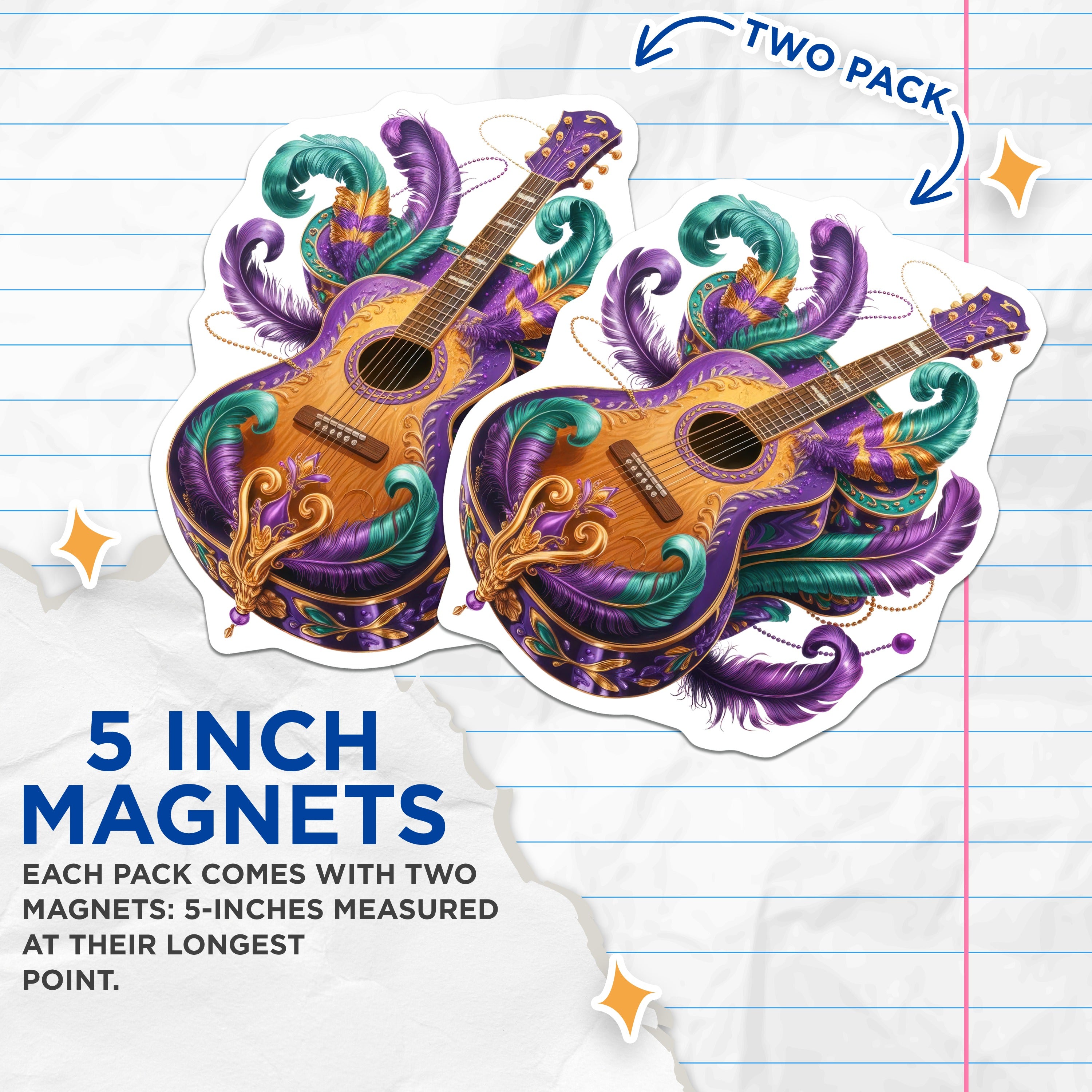 (2 Pack) Mardi Gras Guitar Magnets - New Orleans Music Decor - Festive Carnival Art - 5 Inches On Longest Side - Thick Durable Magnet - Made in USA - MAG39617