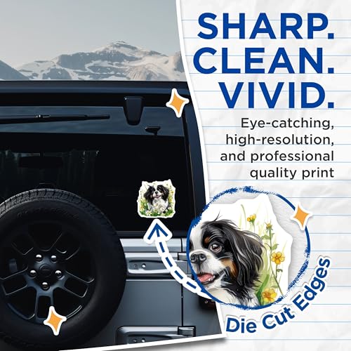 (2 Pack) Cute Dog Stickers - Animal Lovers - Dog Illustration - Floral Background - 5" On Longest Side - Sticks to Smooth Flat Surfaces - Made in USA - BMCS6522