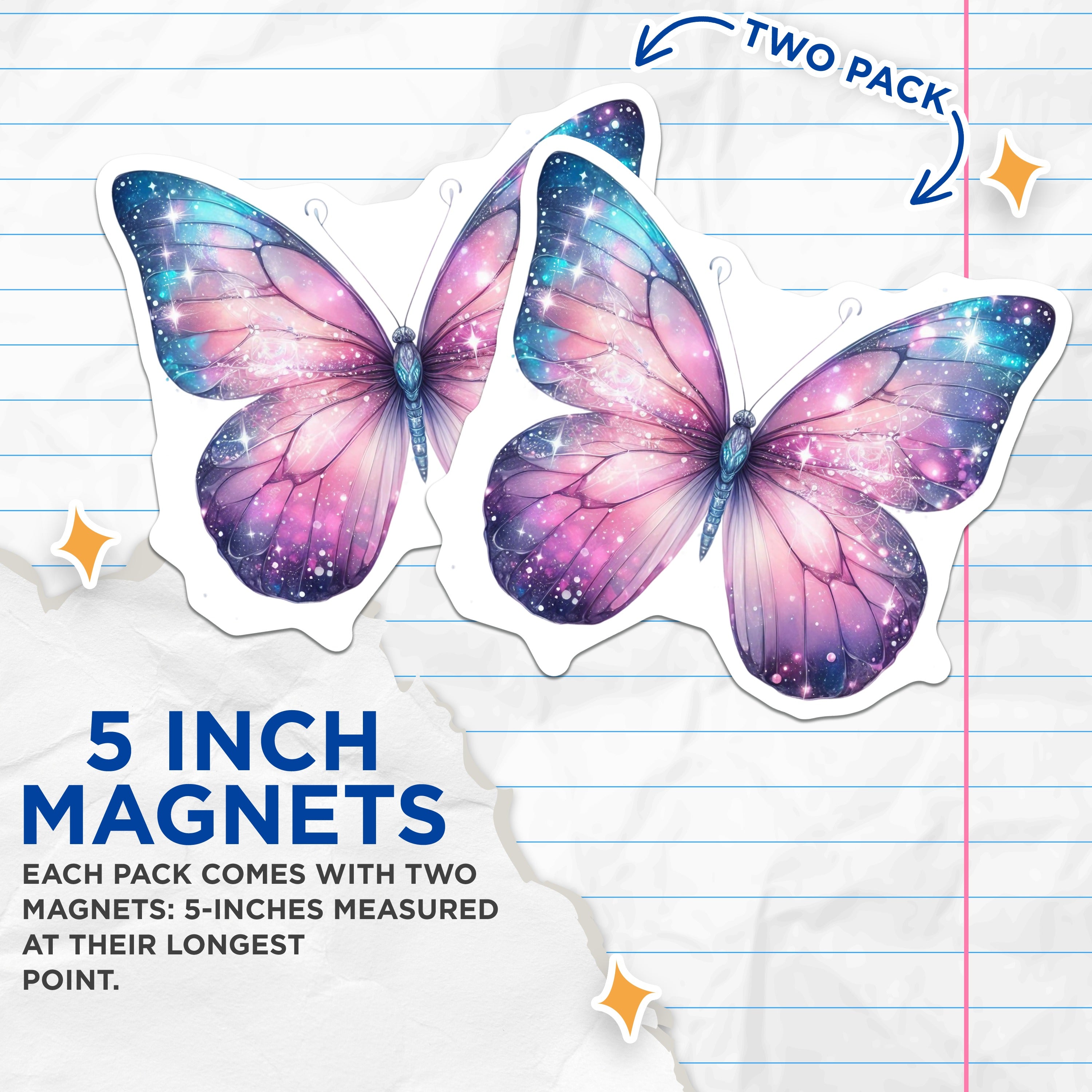 (2 Pack) Galaxy Butterfly Magnets - Celestial Decor - Whimsical Fridge Accessory - 5 Inches On Longest Side - Thick Durable Magnet - Made in USA - MAG37727