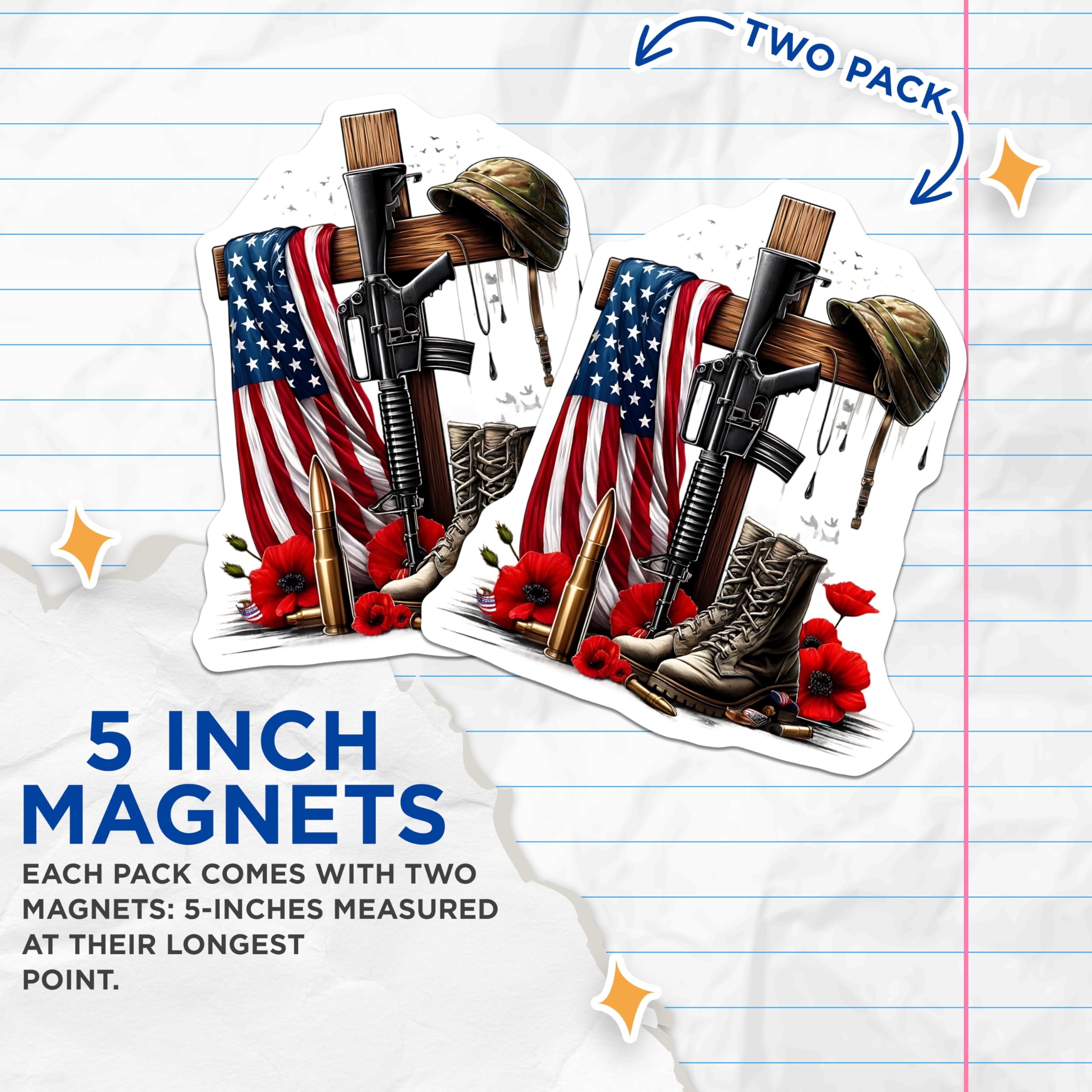 (2 Pack) Memorial Day Magnets - Patriotic US Flag Decor - Remembrance Day Magnets - 5" On Longest Side - Premium Magnet - for Cars, Refrigerators, Toolboxes, Lockers - Made in USA - MAG15136
