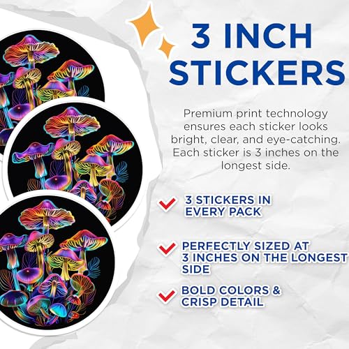 (3 Pack) Mushroom Decals - Neon Fungi Stickers - Psychedelic Art Laptop Decals- 3 Inches On Longest Side - Easy Peel & Apply - Made in USA - 3MCS5331