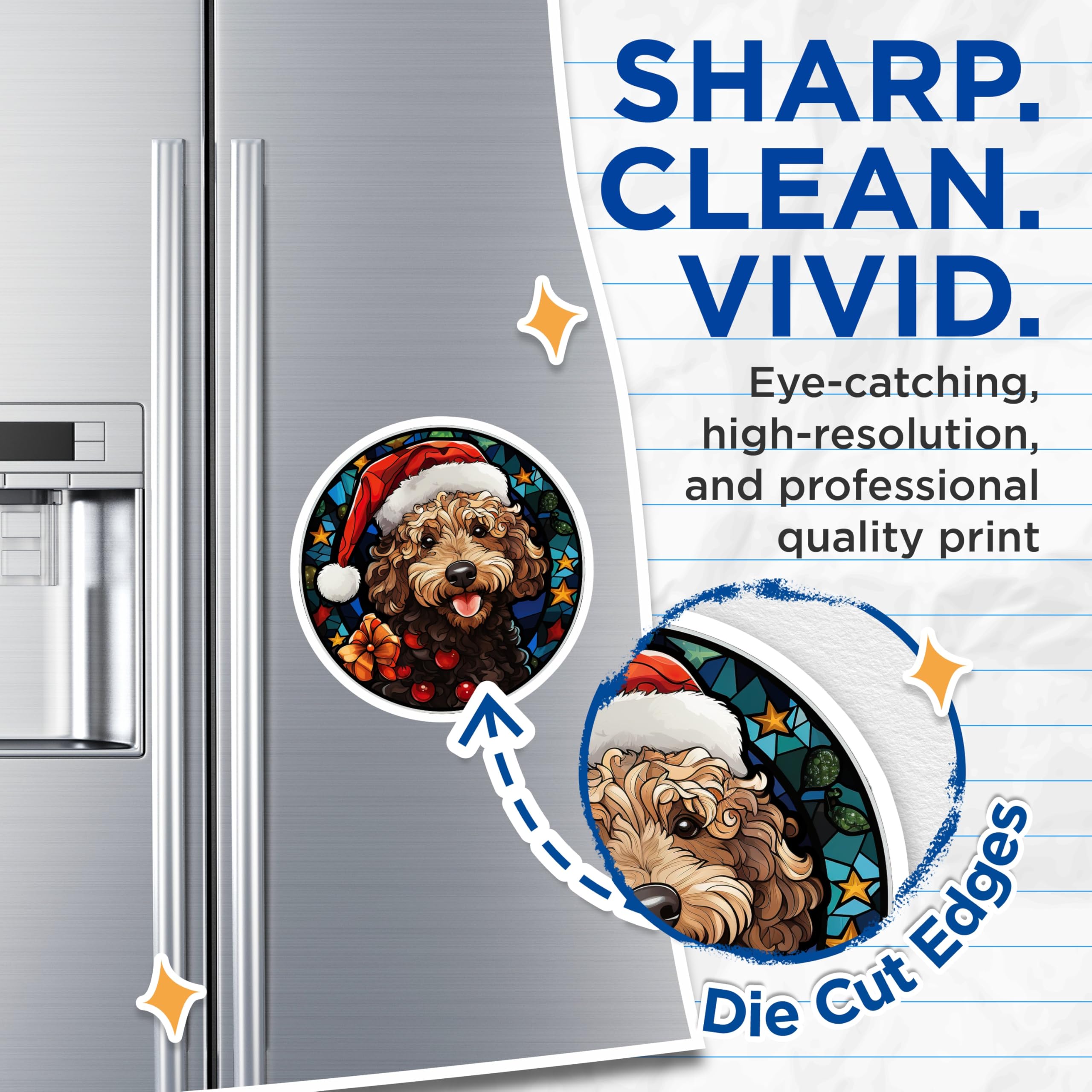 (2 Pack) Goldendoodle Christmas Magnets - Santa Hat Dog Decor - Stained Glass Pet Lover Fridge Decor - 5 Inches On Longest Side - Thick Durable Magnet - Made in USA - MAG25960