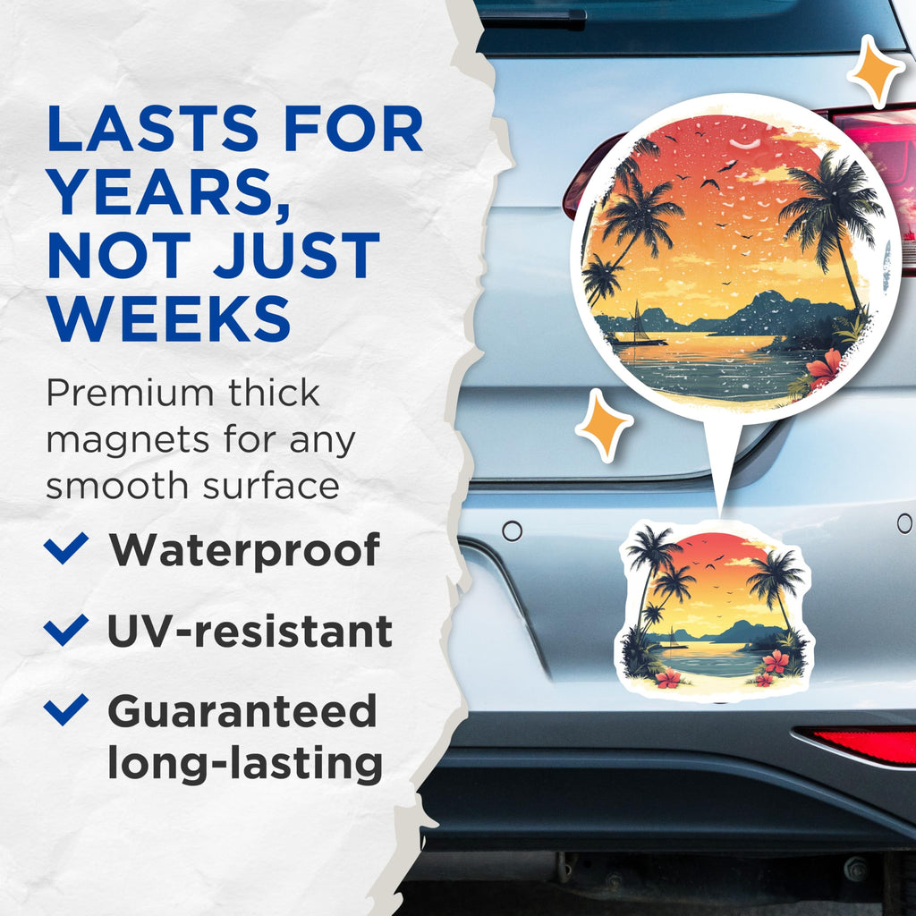 (2 Pack) Tropical Sunset Magnets - Beach Paradise Decor - Palm Tree Island Vibe - 5 Inches On Longest Side - Thick Durable Magnet - Made in USA - MAG28633