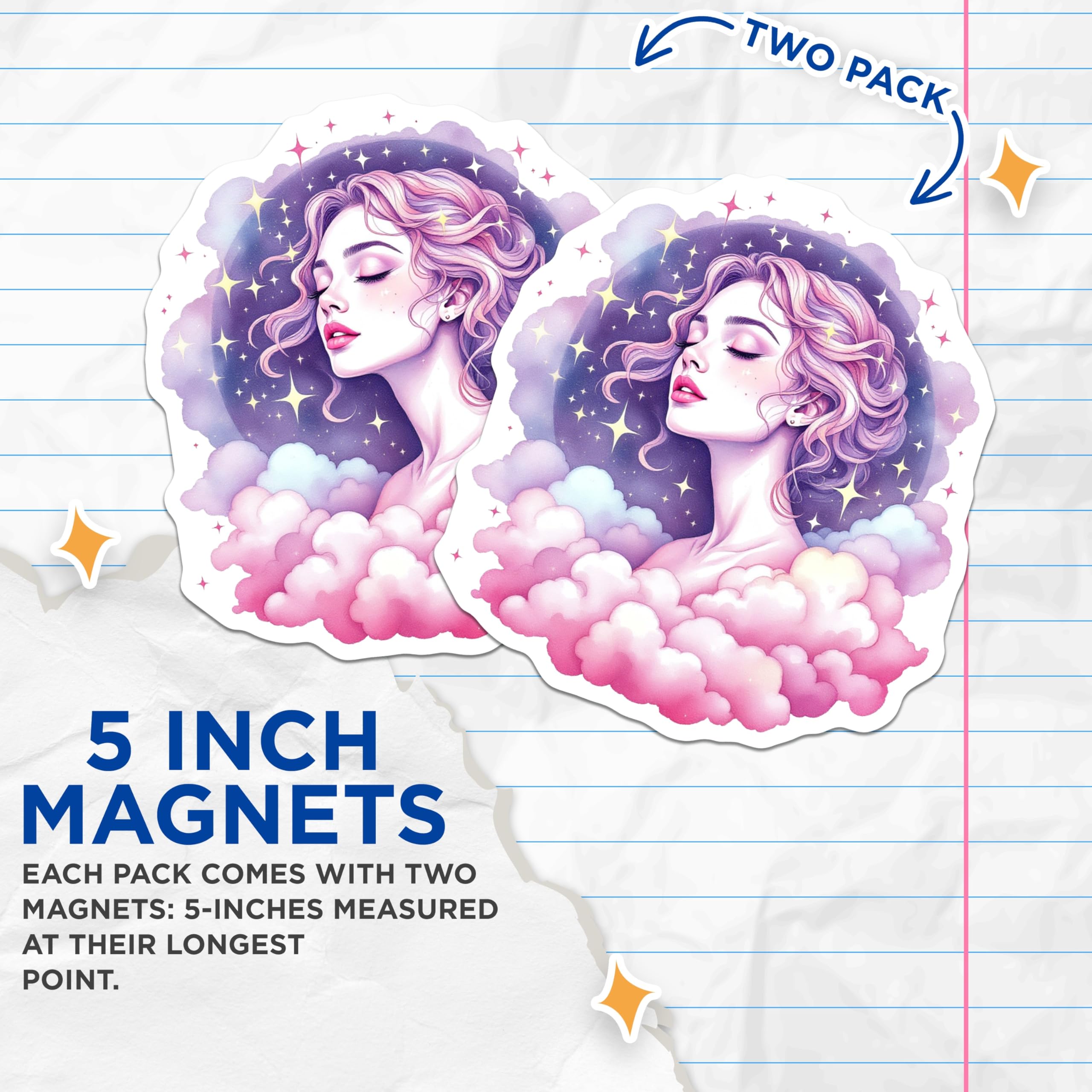 (2 Pack) Dreamy Girl Magnets - Celestial Woman Art - Pink Cloud Decor Magnets - 5" On Longest Side - Premium Magnet - for Cars, Refrigerators, Toolboxes, Lockers - Made in USA - MAG14843