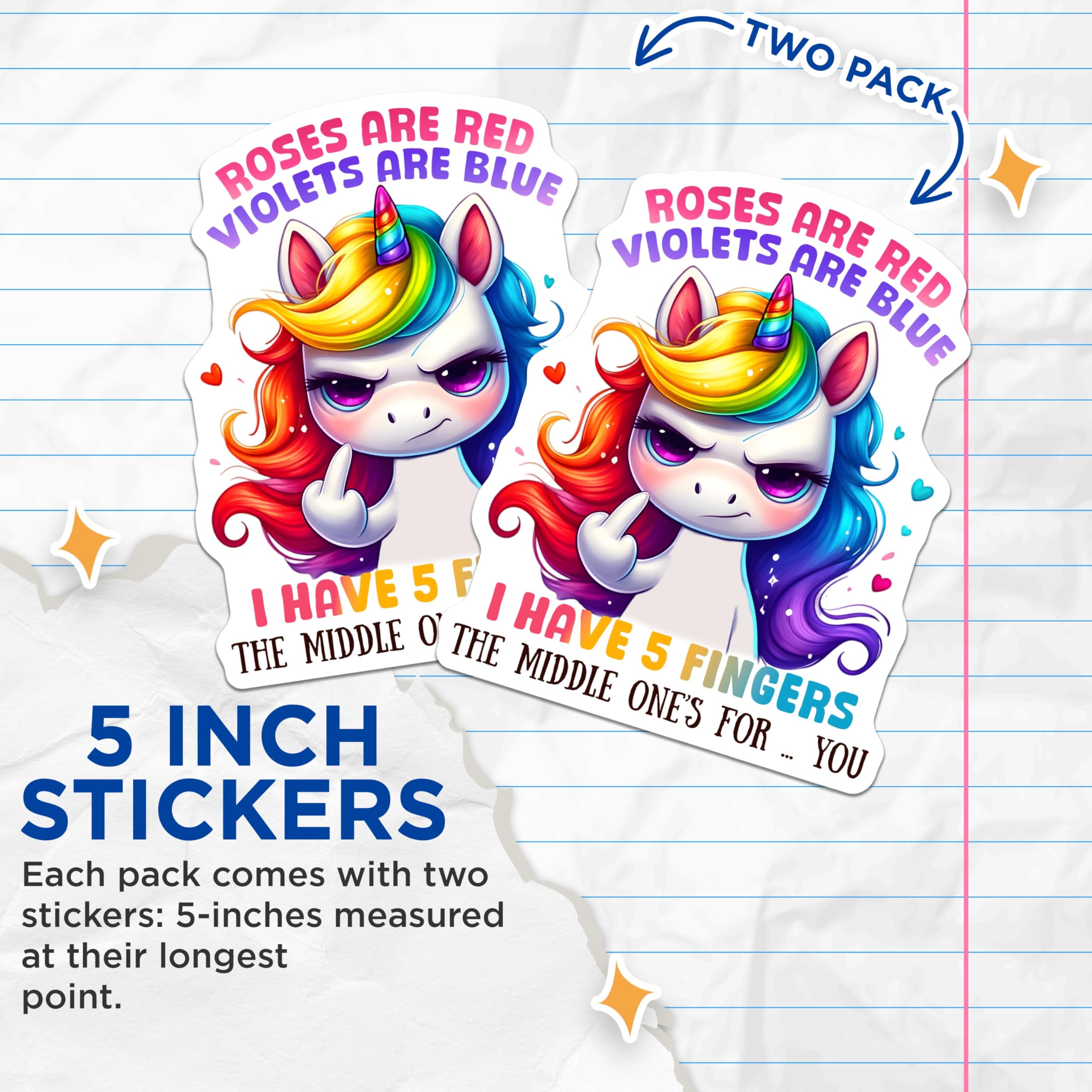 (2 Pack) Funny Unicorn Stickers - Roses are Red Stickers - Violets are Blue Stickers - Humorous Decal Stickers - 5" On Longest Side - Sticks to Any Smooth Flat Surface - Made in USA - BMCS3345