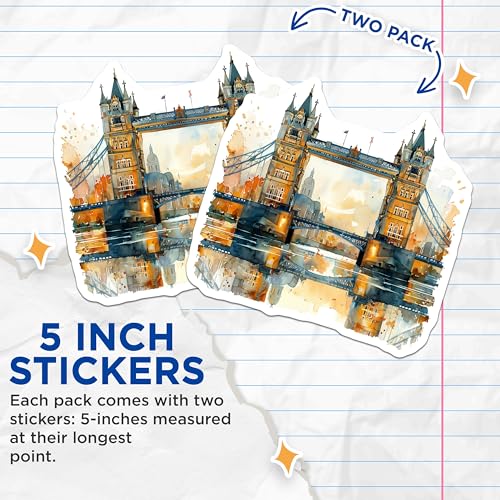(2 Pack) London Tower Bridge Stickers - Travel Souvenir Stickers - Cityscape Art Stickers - 5" On Longest Side - Sticks to Smooth Flat Surfaces - Made in USA - BMCS5200