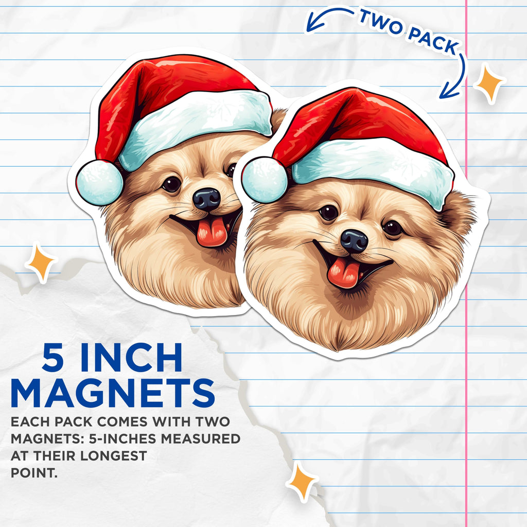 (2 Pack) Christmas Pomeranian Magnets - Santa Hat Dog Decor - Festive Pet Home Accessories - 5 Inches On Longest Side - Thick Durable Magnet - Made in USA - MAG29411