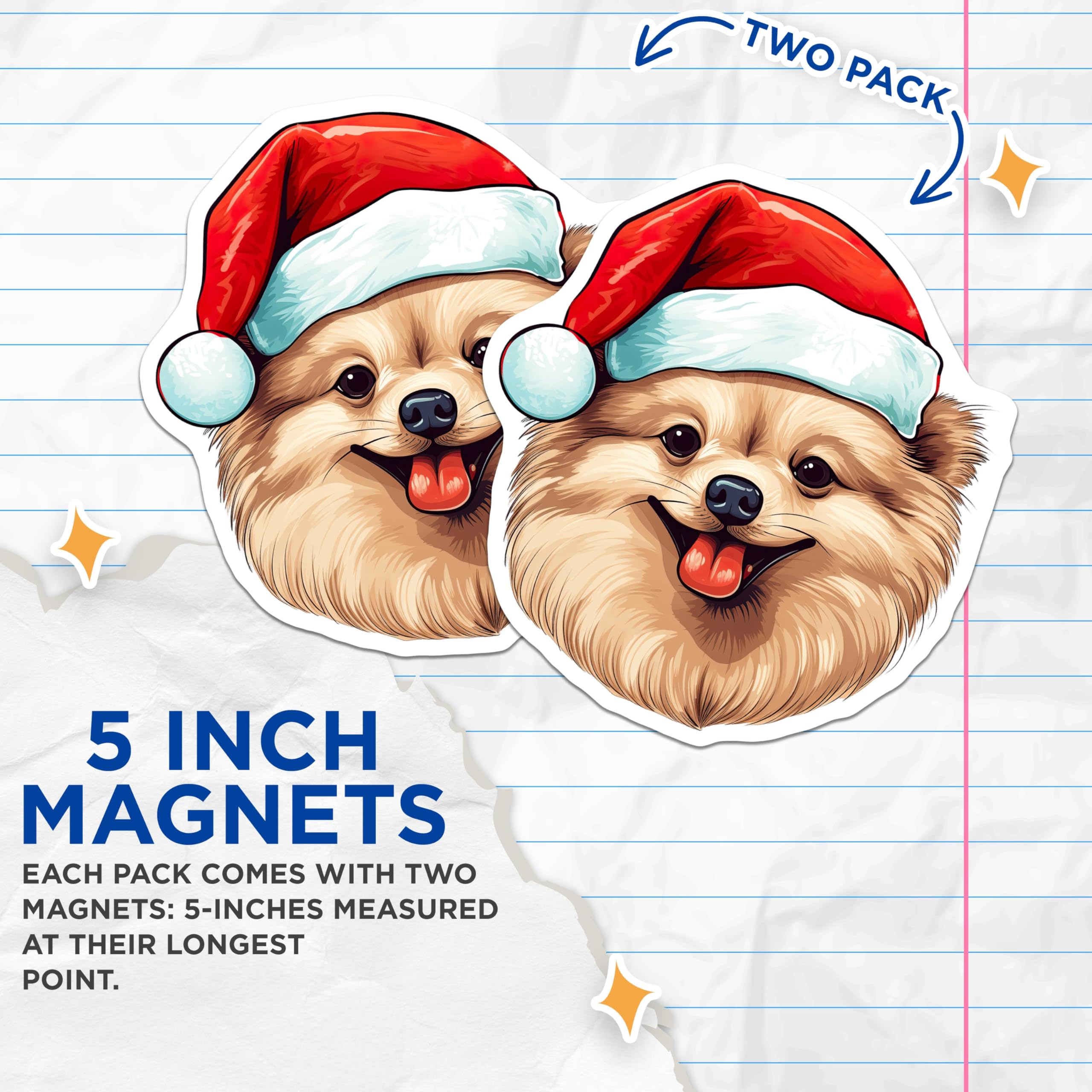 (2 Pack) Christmas Pomeranian Magnets - Santa Hat Dog Decor - Festive Pet Home Accessories - 5 Inches On Longest Side - Thick Durable Magnet - Made in USA - MAG29411