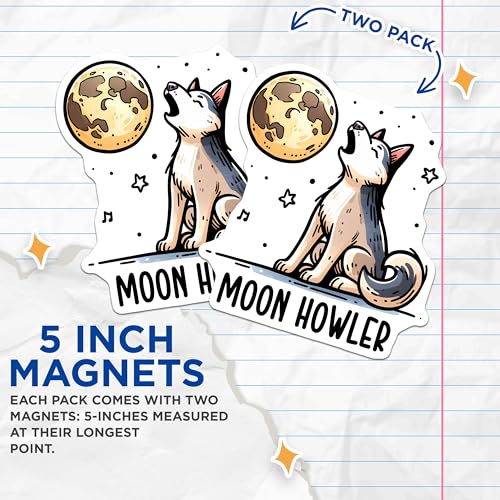 (2 Pack) Moon Howler Magnets - Wolf and Moon Design - Cute Animal - 5" On Longest Side - for Cars, Fridges, Toolboxes - Made in USA - MAG3622