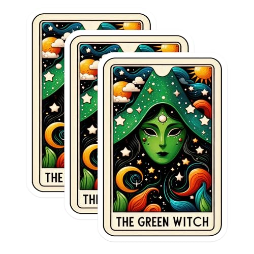 (3 Pack) Green Witch Decals - Tarot Card Sticker - Laptop Decal - 3 Inches On Longest Side - Easy Peel & Apply - Made in USA - 3MCS4189