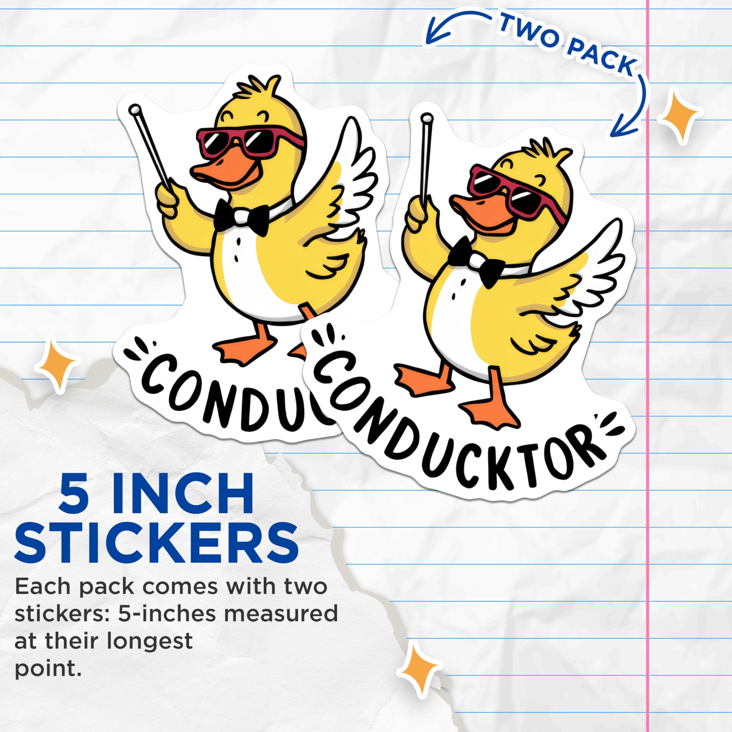 (2 Pack) Funny Cartoon Duck Stickers - Music Conductor Stickers - Cool Duck Illustration Stickers - 5" On Longest Side - Sticks to Smooth Flat Surfaces - Made in USA - BMCS9528