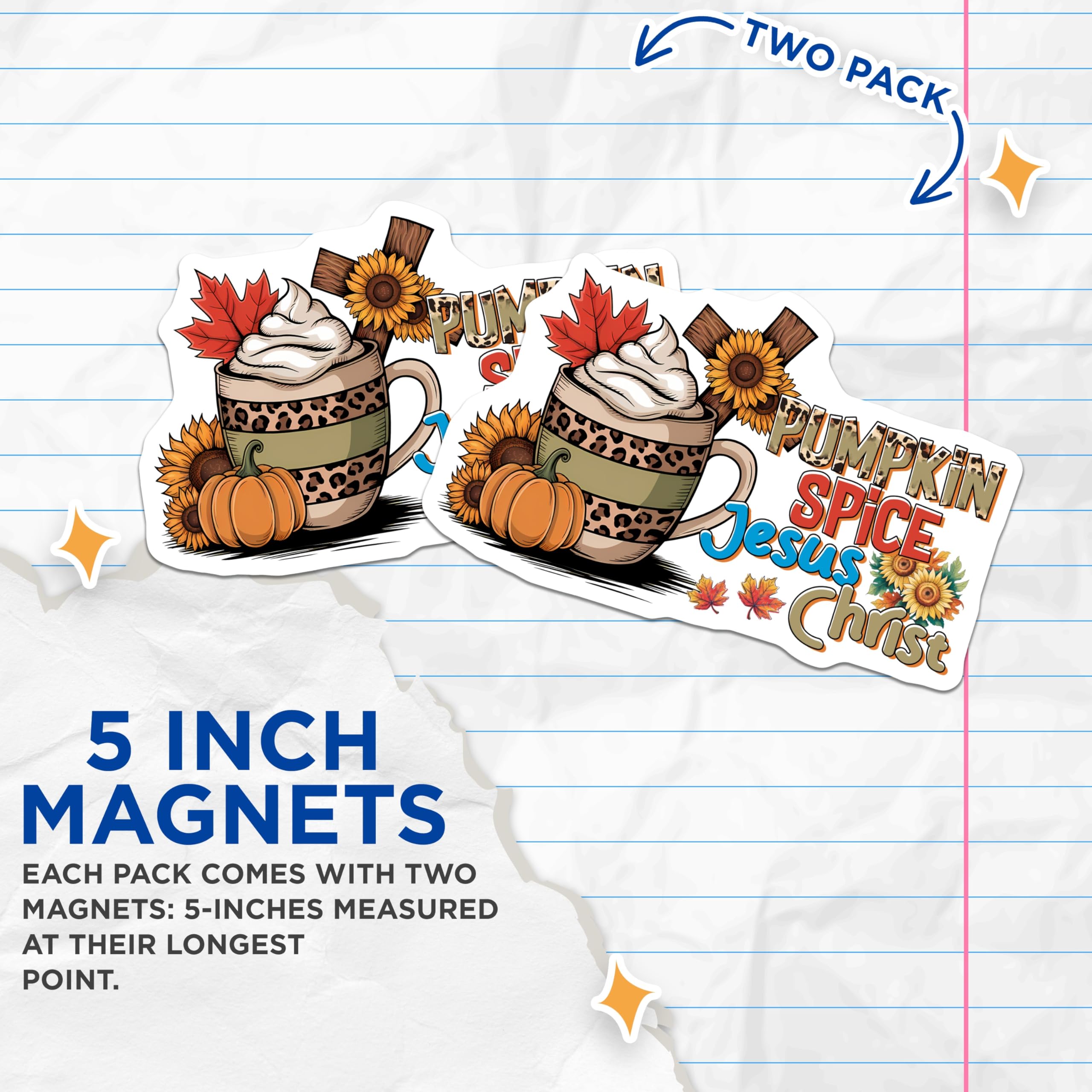 (2 Pack) Pumpkin Spice Jesus Christ Magnets - Fall Christian Decor - Faith Refrigerator Art - 5 Inches On Longest Side - Thick Durable Magnet - Made in USA - MAG27436