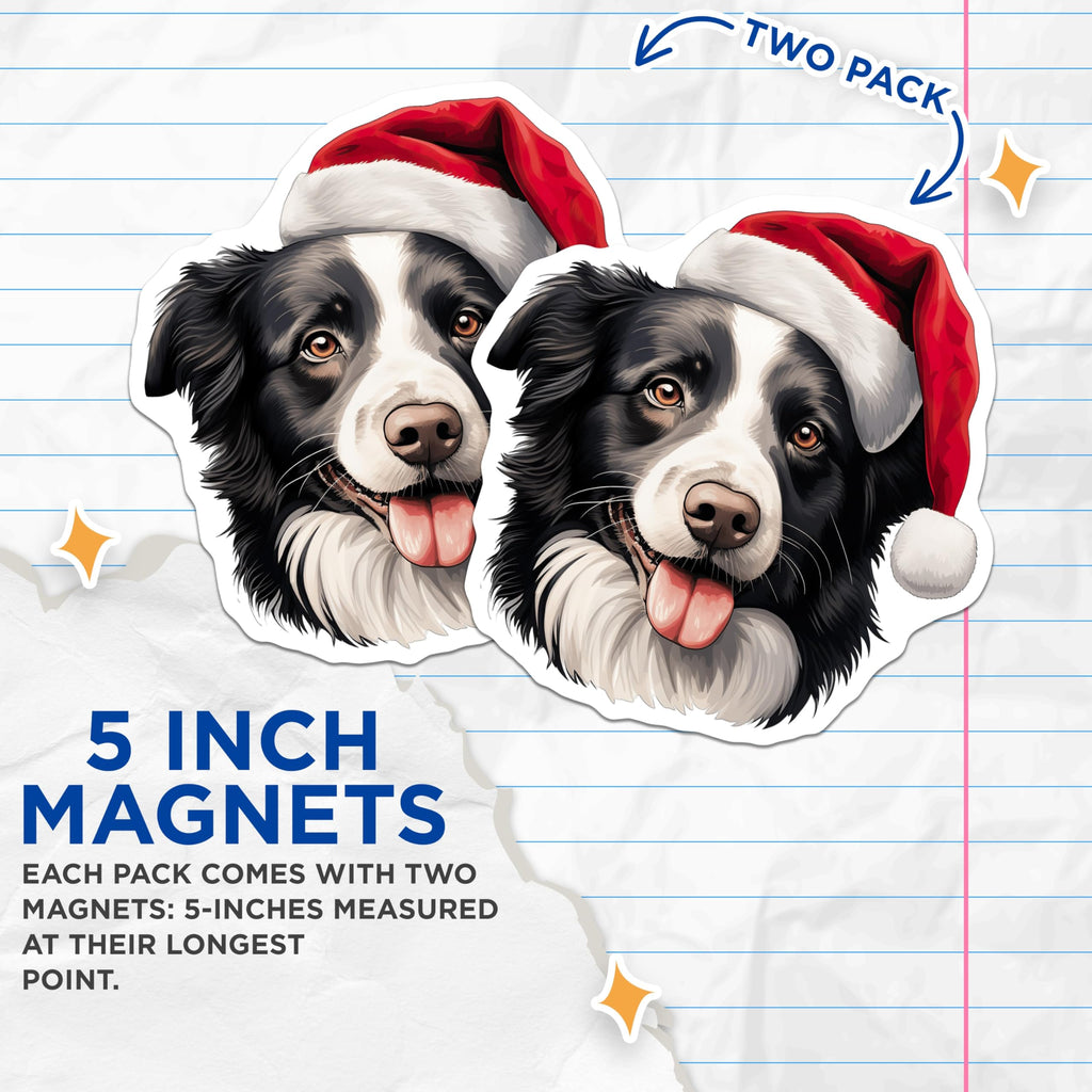 (2 Pack) Border Collie Christmas Magnets - Santa Hat Dog Decor - Holiday Pet Owner Idea - 5 Inches On Longest Side - Thick Durable Magnet - Made in USA - MAG29050