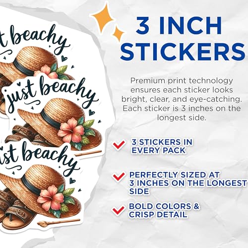 (3 Pack) Just Beachy Decals - Summer Hat Decals - Beach Sandals - 3 Inches On Longest Side - Easy Peel & Apply - Made in USA - 3MCS8039
