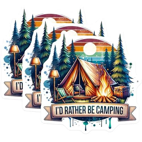 (3 Pack) Camping Decals - I'd Rather Be Camping - Outdoorsy Laptop Decals- 3 Inches On Longest Side - Easy Peel & Apply - Made in USA - 3MCS5431